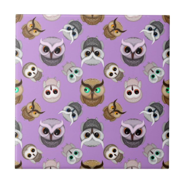 Cute Owl Illustration Pattern on Purple Background Tile (Front)