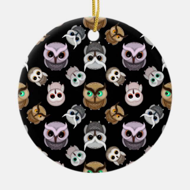 Cute Owl Illustrations over Black Background Ceramic Tree Decoration (Front)