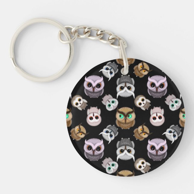 Cute Owl Illustrations over Black Background Key Ring (Front)