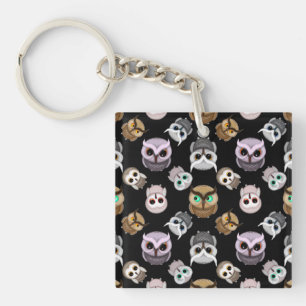 Cute Owl Illustrations over Black Background Key Ring