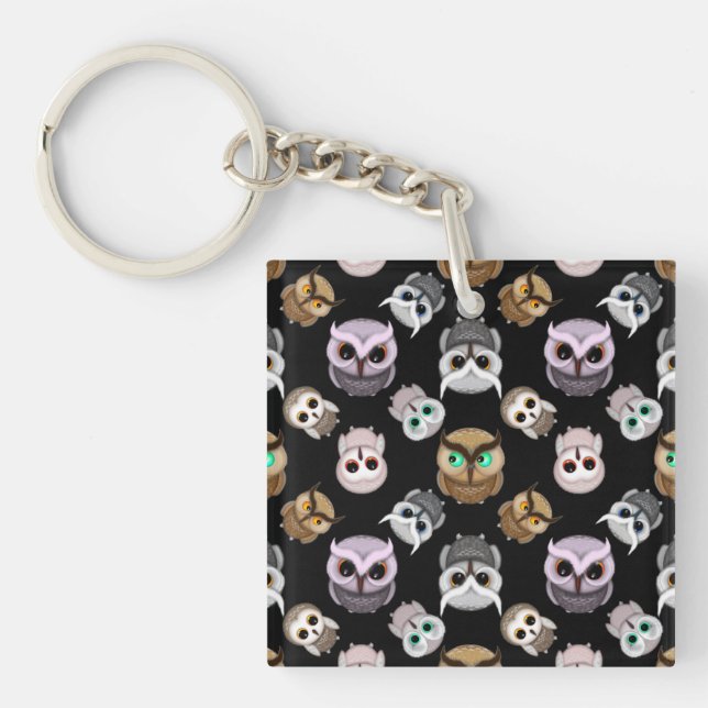 Cute Owl Illustrations over Black Background Key Ring (Front)