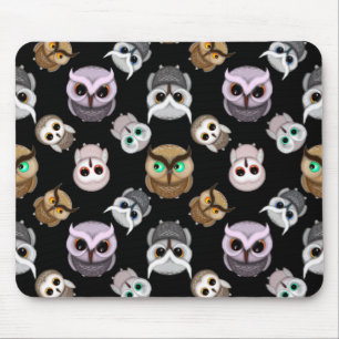 Cute Owl Illustrations over Black Background Mouse Pad