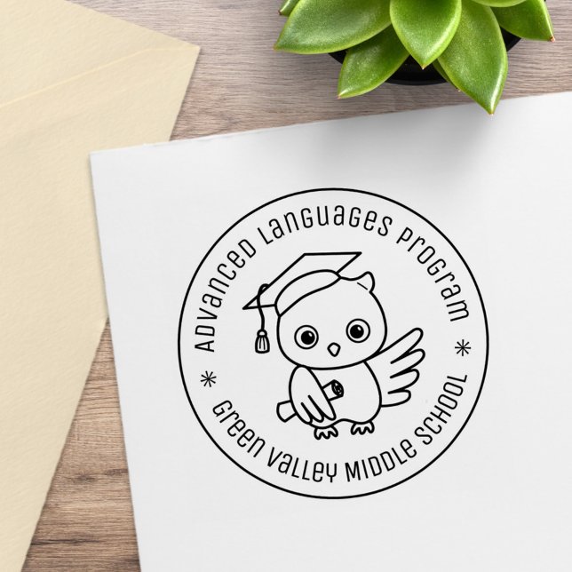 Cute Owl in a Graduation Hat Round Text Rubber Stamp (Creator Uploaded)