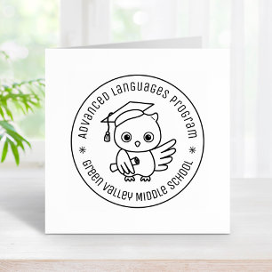 Cute Owl in a Graduation Hat Round Text Rubber Stamp