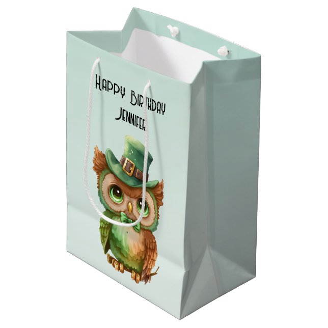 Cute Owl in a Green Top Hat Birthday Medium Gift Bag (Front Angled)