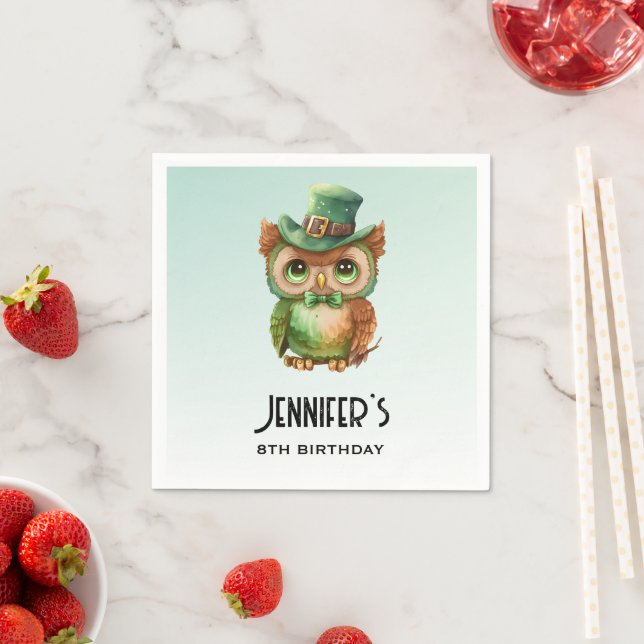 Cute Owl in a Green Top Hat Birthday Napkin (Insitu)