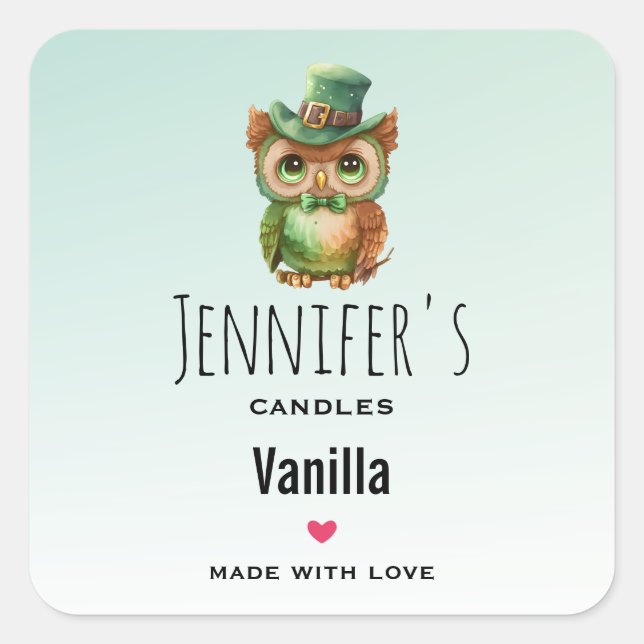 Cute Owl in a Green Top Hat Candle Business Square Sticker (Front)