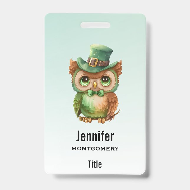 Cute Owl in a Green Top Hat ID Badge (Front)