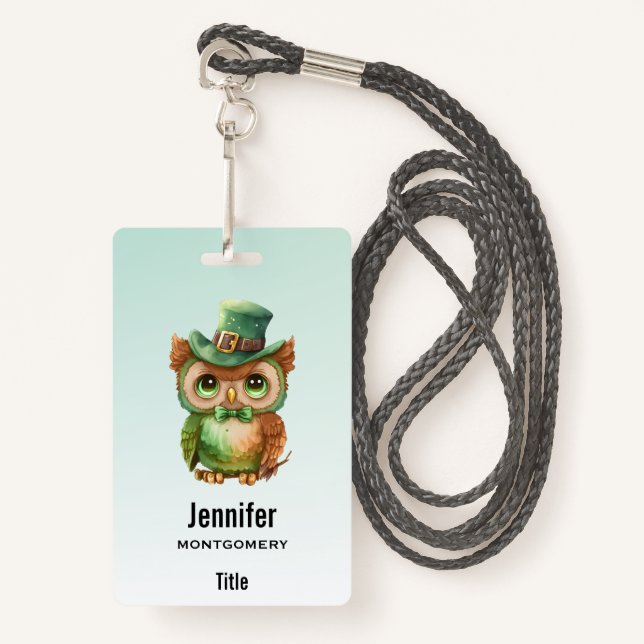 Cute Owl in a Green Top Hat ID Badge (Front with Lanyard)