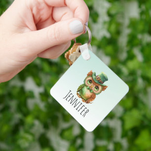 Cute Owl in a Green Top Hat Key Ring