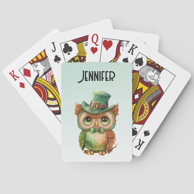Cute Owl in a Green Top Hat Playing Cards (Back)