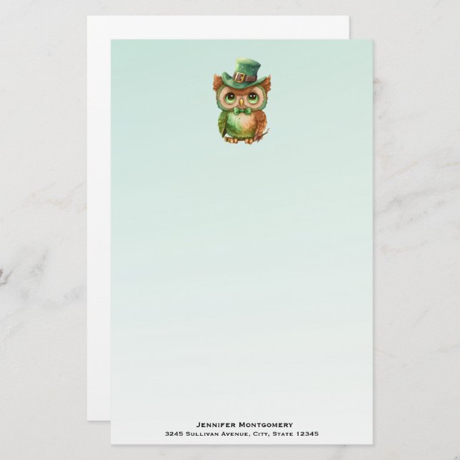 Cute Owl in a Green Top Hat Stationery (Front/Back)