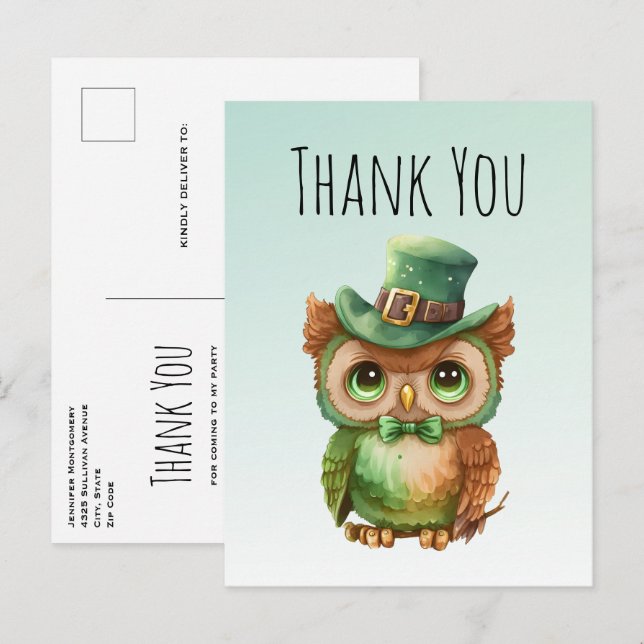 Cute Owl in a Green Top Hat Thank You Postcard (Front/Back)