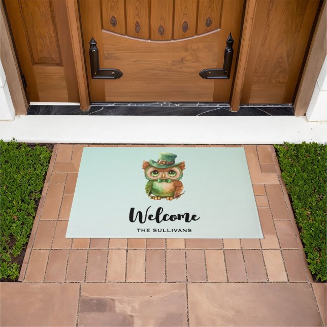 Cute Owl in a Green Top Hat Welcome Doormat (Outdoor)