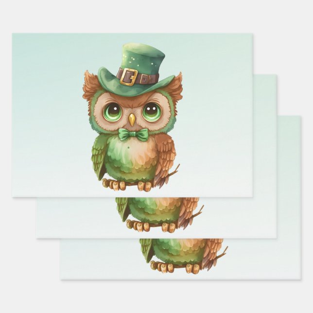 Cute Owl in a Green Top Hat Wrapping Paper Sheet (Set)