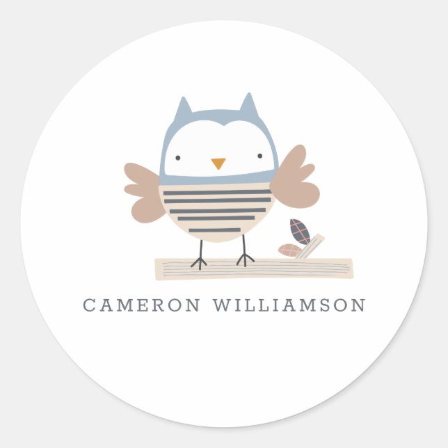 Cute Owl in Blue Personalised Stationery      Classic Round Sticker (Front)