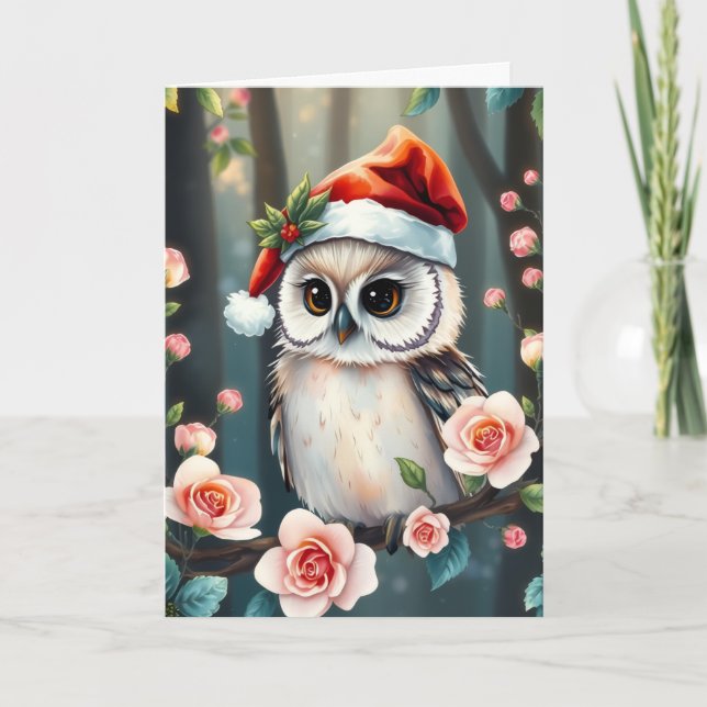 Cute owl in Christmas hat Christmas card (Front)