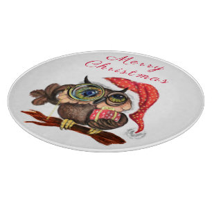 Cute Owl In Christmas Hat Cutting Board
