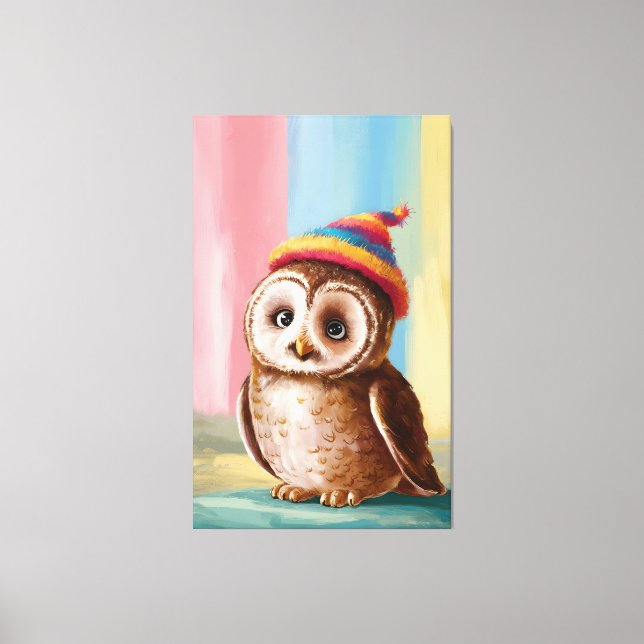 Cute Owl in Colourful Beanie Canvas Print (Front)