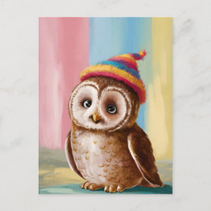 Cute Owl in Colourful Beanie Postcard
