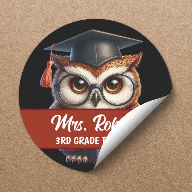 Cute OWL in Glasses Red Stripe Tutor Teacher Classic Round Sticker (Creator Uploaded)
