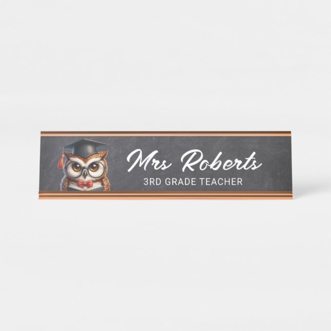 Cute OWL in Glasses Tutor Teacher Chalkboard Desk Name Plate (Front)