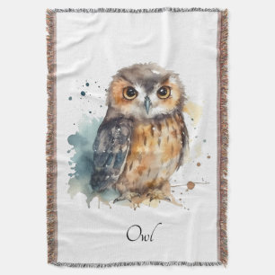 Cute owl in watercolor, customisable throw blanket