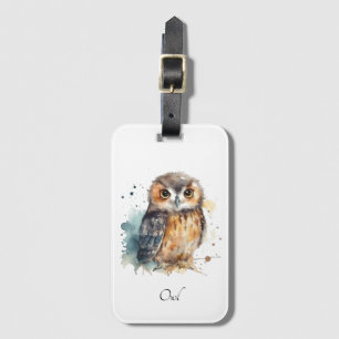 Cute owl in watercolor luggage tag