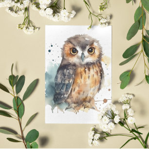 Cute owl in watercolor postcard