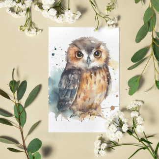 Cute owl in watercolor postcard