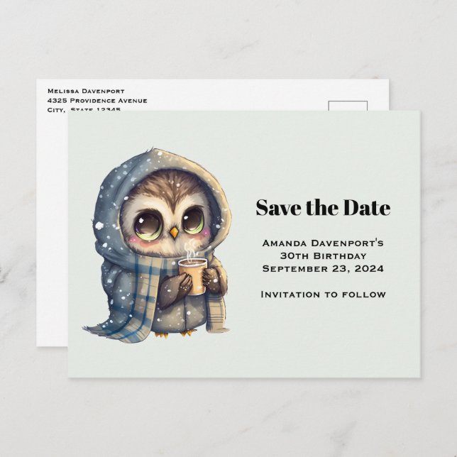 Cute Owl in Winter with Coffee Save the Date Invitation Postcard (Front/Back)