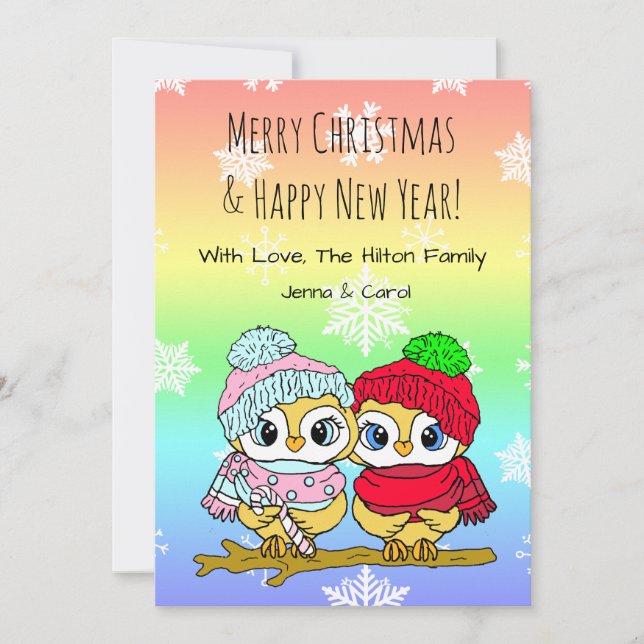 Cute Owl LGBT Couple on Tree Branch Christmas Holiday Card (Front)