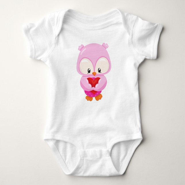 Cute Owl, Little Owl, Owl In Love, Hearts Baby Bodysuit (Front)