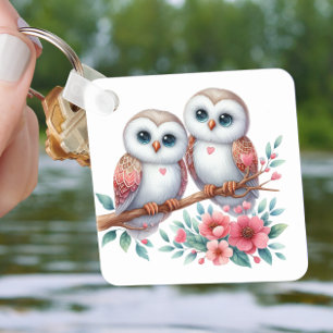 Cute Owl Love Cartoon Woodland Nature Lover Floral Key Ring