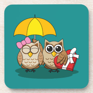 Cute Owl Lovers w/ Umbrella & Red Chocolate Box Coaster