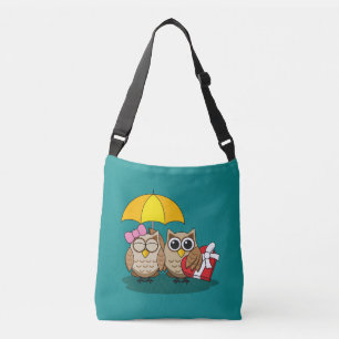 Cute Owl Lovers w/ Umbrella & Red Chocolate Box Crossbody Bag