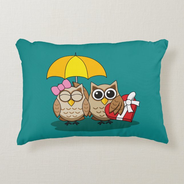 Cute Owl Lovers w/ Umbrella & Red Chocolate Box Decorative Cushion (Front)
