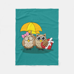 Cute Owl Lovers w/ Umbrella & Red Chocolate Box Fleece Blanket
