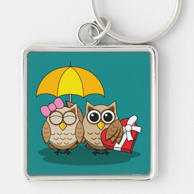Cute Owl Lovers w/ Umbrella & Red Chocolate Box Key Ring (Front)