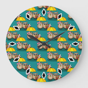 Cute Owl Lovers w/ Umbrella & Red Chocolate Box Large Clock