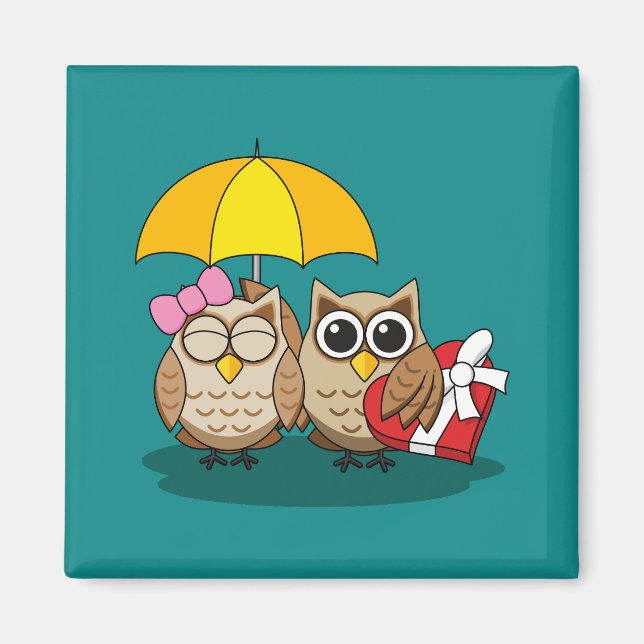 Cute Owl Lovers w/ Umbrella & Red Chocolate Box Magnet (Front)