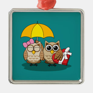 Cute Owl Lovers w/ Umbrella & Red Chocolate Box Metal Tree Decoration