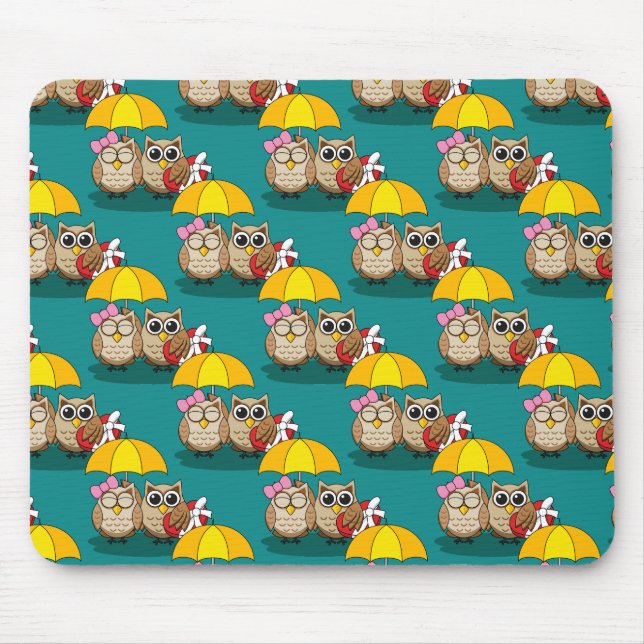 Cute Owl Lovers w/ Umbrella & Red Chocolate Box Mouse Pad (Front)