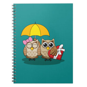 Cute Owl Lovers w/ Umbrella & Red Chocolate Box Notebook