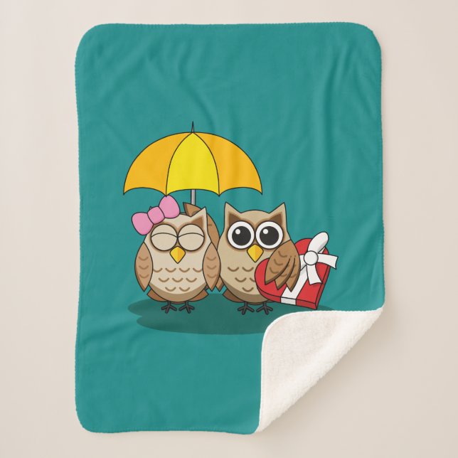 Cute Owl Lovers w/ Umbrella & Red Chocolate Box Sherpa Blanket (Front)
