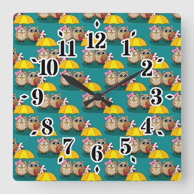 Cute Owl Lovers w/ Umbrella & Red Chocolate Box Square Wall Clock (Front)