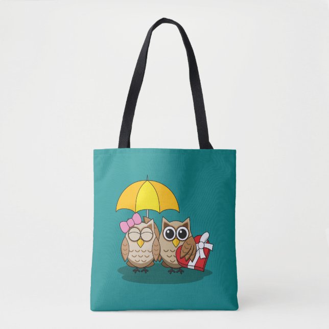 Cute Owl Lovers w/ Umbrella & Red Chocolate Box Tote Bag (Front)