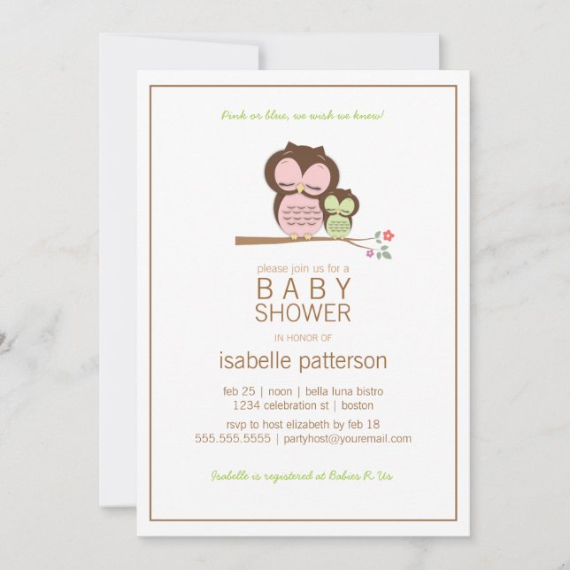 Cute Owl & Mama Neutral Baby Shower Invitation (Front)
