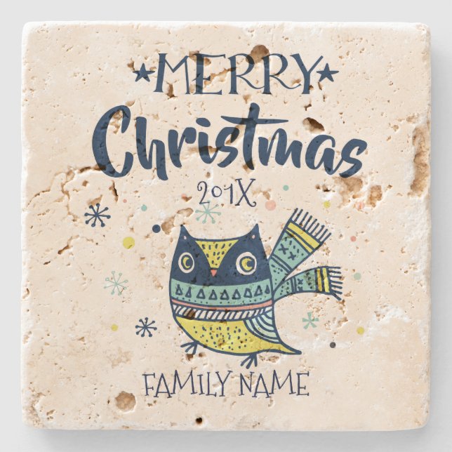 Cute Owl & Merry Christmas Typography Stone Coaster (Front)