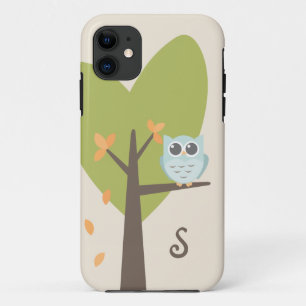 Cute Owl Monogram Tree Branch Leaves Monogrammed iPhone 11 Case